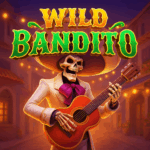 Ilustrasi karakter Wild Bandito berwujud tengkorak mariachi memainkan gitar dengan warna cerah khas Meksiko, lengkap dengan judul Wild Bandito di bagian atas.