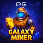 Robot penambang luar angkasa membawa kristal emas dalam poster game Galaxy Miner PG Soft dengan latar asteroid dan cahaya neon.