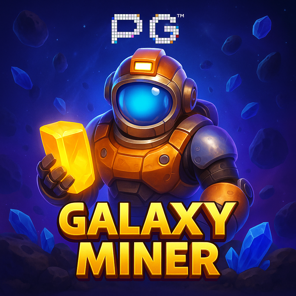 Robot penambang luar angkasa membawa kristal emas dalam poster game Galaxy Miner PG Soft dengan latar asteroid dan cahaya neon.